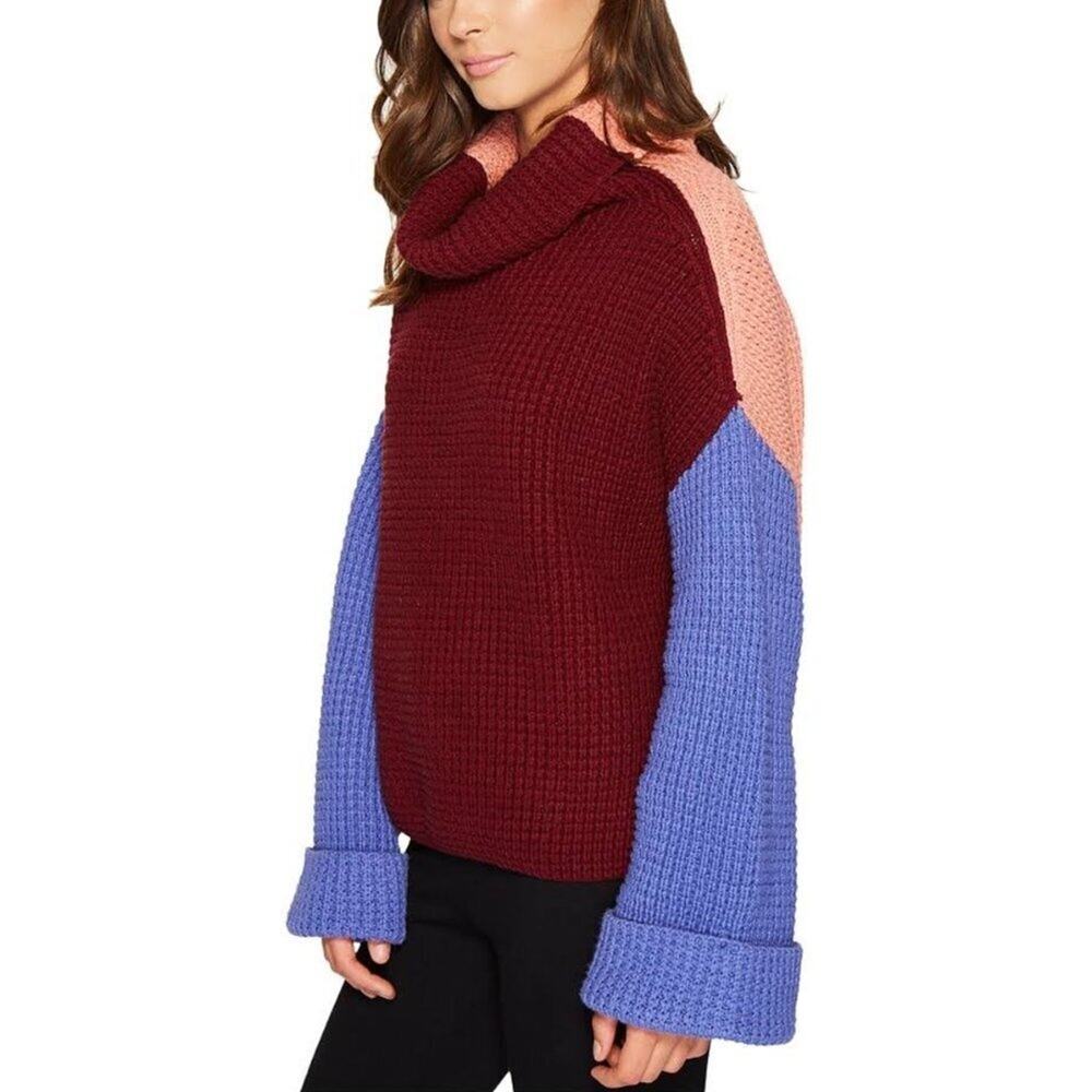 Free People Color Block Turtleneck Sweater Park City Pullover Wine | XS Like New